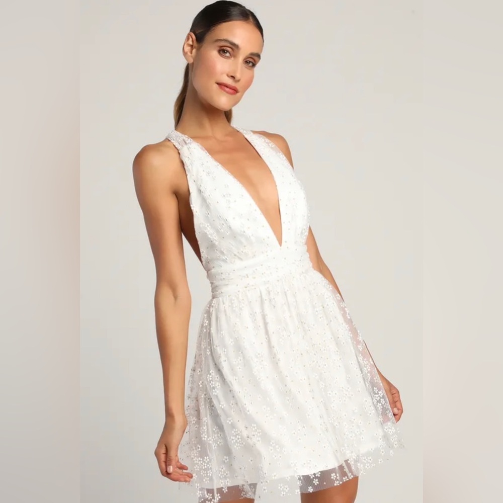 Lulus Daisy Delight Ivory Floral Print Sleeveless V-Neck Mini Dress Prom Size XS